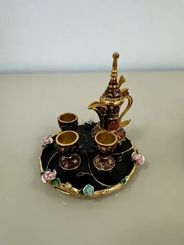 Decorative Arabic Dallah Coffee Set Miniature on Floral Tray