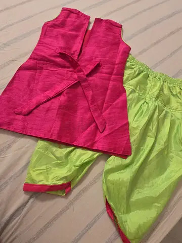 Kids traditional sleeveless kurta top with matching pants (girls) - pink & green, good condition