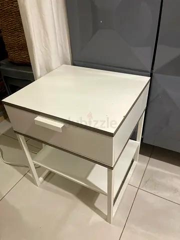 White bedside table with drawer — good condition