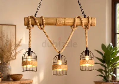 Rustic Wood Beam and Rope Chandelier – 3-Light Industrial Farmhouse Pendant