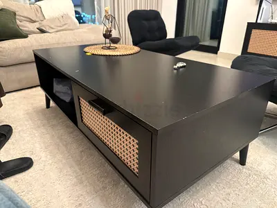 Modern Black Entertainment Center with Rattan Cabinet Doors