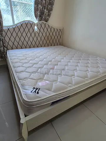 Queen size bed frame with mattress - light wood headboard