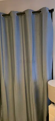 Light grey blackout curtains with metal eyelets -A portable iron frame to fit anywhe set of 2 panels