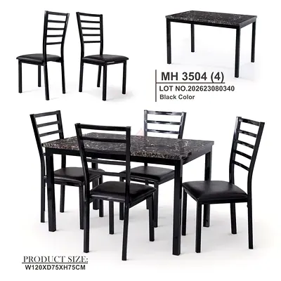 Black Marble-Top Dining Table with 4 Ladderback Chairs