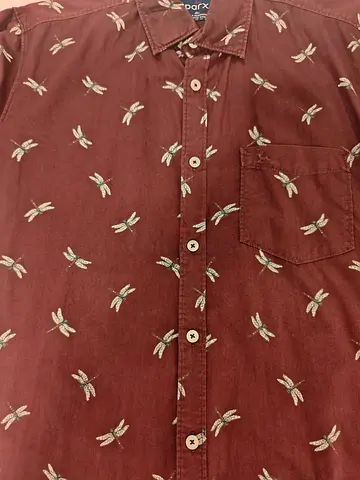 Maroon casual button-up shirt with dragonfly print - size M