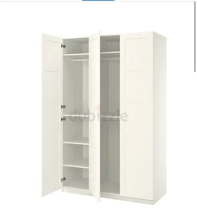White 3-Door Wardrobe with Shelves and Hanging Rail