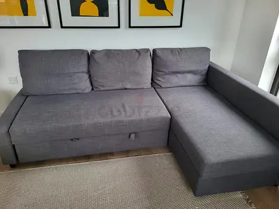 Grey L-shaped Fabric Sofa with Storage - Good Condition