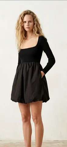 Black Long Sleeve Mini Dress with Bubble Skirt ZARA