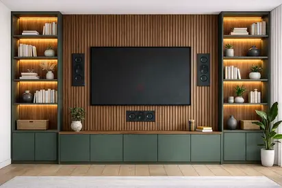 Custom built-in entertainment center with shelving and LED lighting