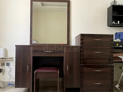 Dark Wood Dressing Table with Mirror, Stool and Matching Drawer Unit
