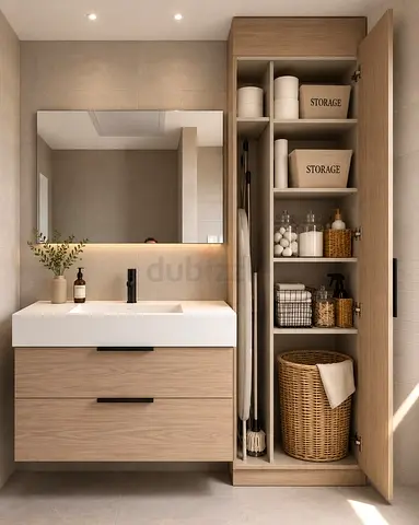 Modern bathroom vanity with tall storage cabinet - light oak finish