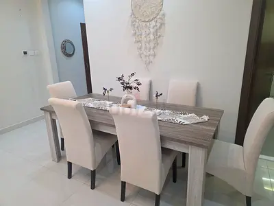 Modern wooden dining table with 6 upholstered chairs - light grey set