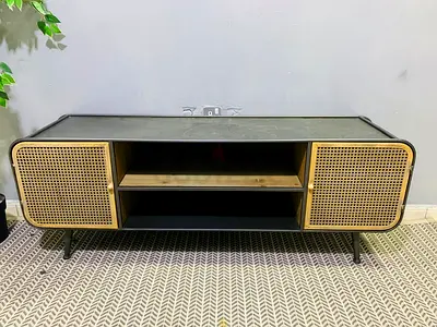 Mid-century modern TV unit / media console with rattan doors