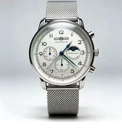 Zeppelin men’s stainless steel chronograph watch with moonphase - silver mesh strap
