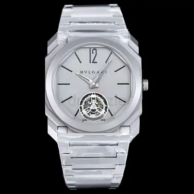 The image displays a Bulgari Super master quality Swiss machine Octo Finissimo Tourbillon in sandbla