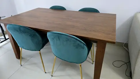 Solid Wood Dining Table + 4 Velvet Chairs (Teal/Emerald)