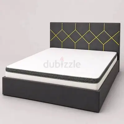 Grey fabric double bed frame with geometric headboard (modern)