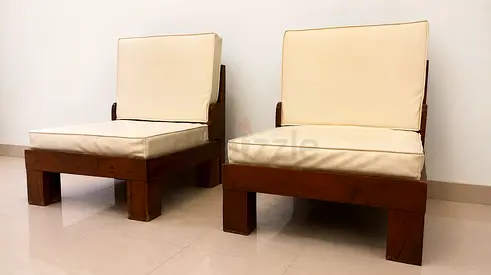 Solid Teak Wood Accent Chairs with Off-white Cushions - Set of 2