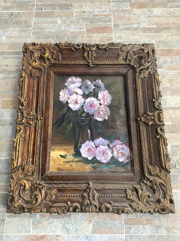 Original Oil Painting of Pink Roses in Ornate Gilt Frame