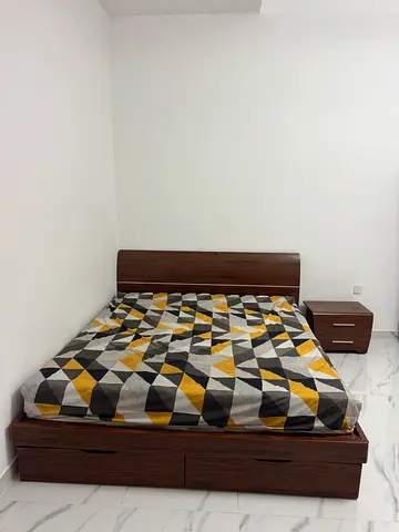 Wooden Double Bed with Headboard and Nightstand - Good Condition