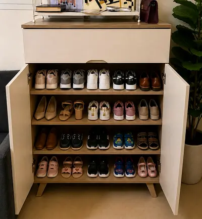 Slim Shoe Cabinet with Multiple Shelves - White Wood Finish