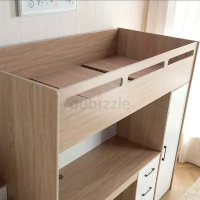 Wooden Loft Bed with Built-in Desk and Storage — Light Oak