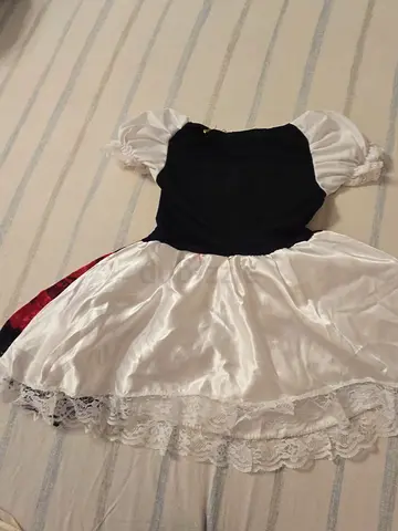 White satin and black bodice dress with lace trim (women's)