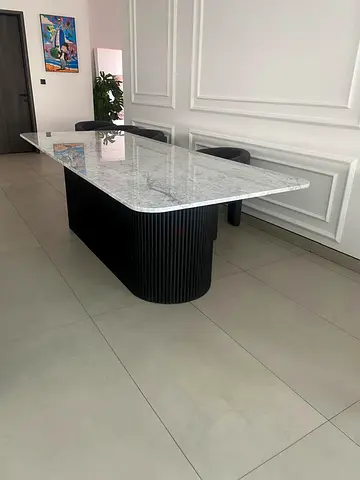 Trending White Marble Top Dining Table with Black Ribbed Base