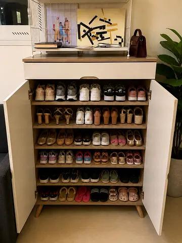 Slim Shoe Cabinet with Multiple Shelves - White Wood Finish