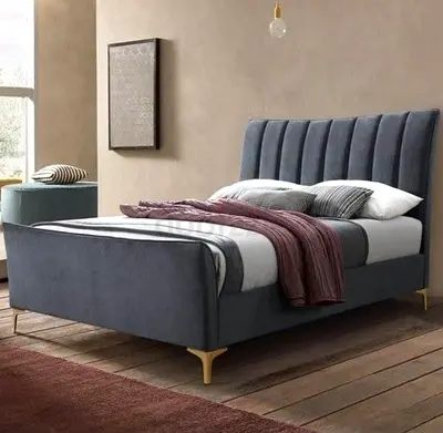 Upholstered Grey Double Bed with Curved Headboard and Gold Legs