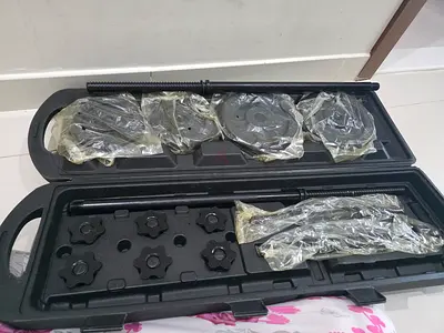 Adjustable dumbbell/barbell weight set with case (plates, collars, bar)