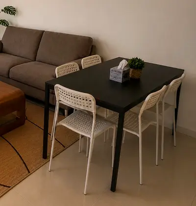 Ikea Black dining table with 4 white chairs - simple modern set