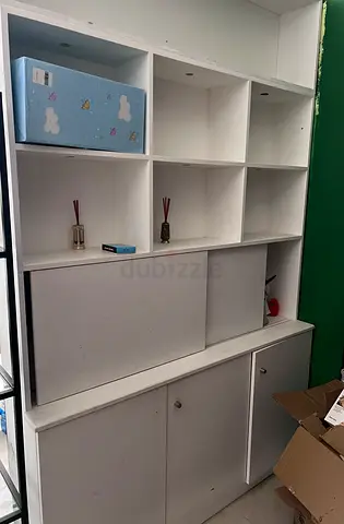 White Multi-Storage Cabinet with Open Shelving and Cupboards