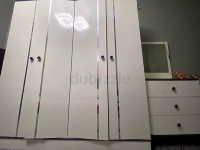 White 4-Door Wardrobe with Matching Dresser - Good Condition