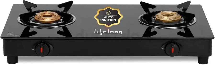Lifelong 2 Burner Gas Stove Top for Kitchen - Automatic Ignition Cooktop Modern Glass Stove