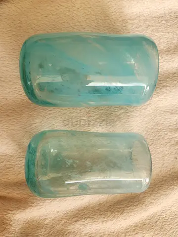 Set of 2 Handblown Turquoise Swirl Art Glass Tumblers / Drinking Glasses