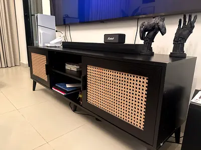 Modern Black Entertainment Center with Rattan Cabinet Doors
