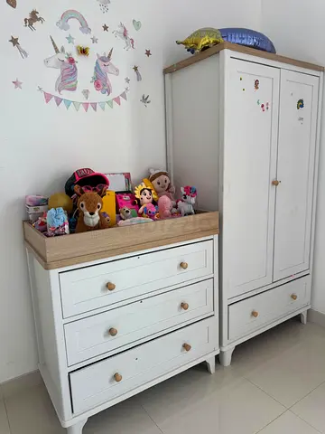 White Wooden Baby Dresser and Wardrobe Set - Good Condition with baby bed
