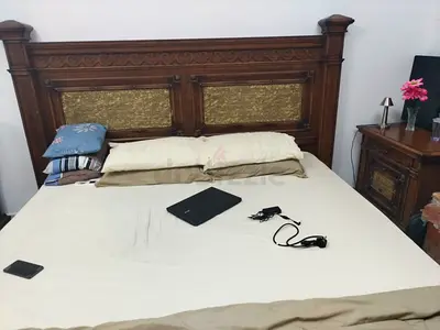 Antique Solid Wood King Size Bed Set with 2 no's Side Table, 6 door cupboard and Dressing Table
