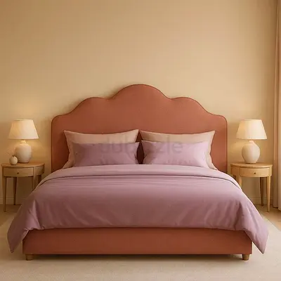 Upholstered Double Bed with Curved Headboard - Soft Terracotta