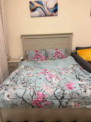 Modern Grey Wooden Bed Frame with Headboard and side table