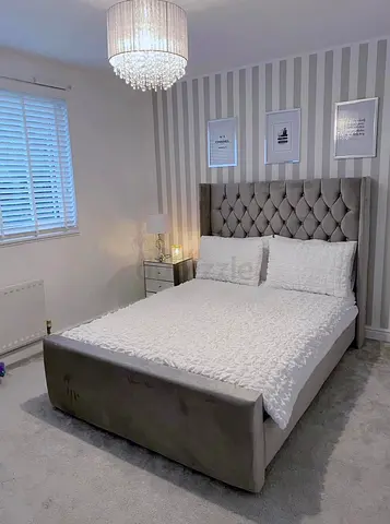 Grey Velvet Double Bed with Upholstered Headboard