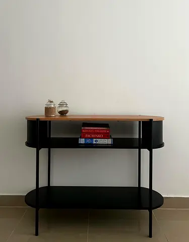 Compact 2-Tier Console Table with Oak Top and Black Metal Frame (price can be discussed) (seriousbuy