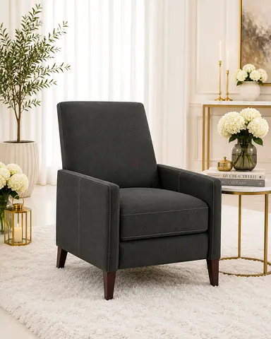 West Elm Dark Grey Fabric Recliner Armchair with Wooden Legs