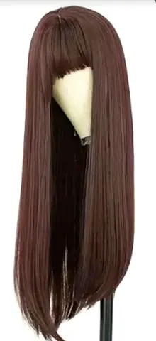 Karkafi Long Straight Brown HUMAN Hair Wig with Bangs (pic is for illustration)