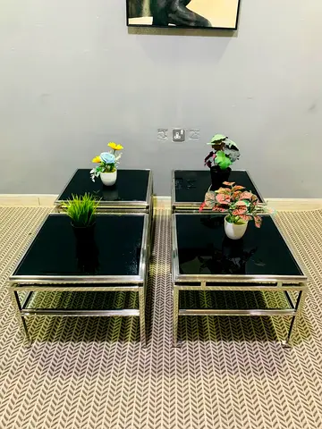 Set of 4 Chrome Frame Coffee Tables with Black Glass Tops