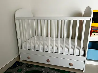 IKEA GONATT Baby Cot with Drawer (60x120 cm) + Mattress & Protector – Like New!