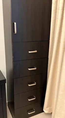 Tall dark wood wardrobe cabinet with 5 drawers - good condition