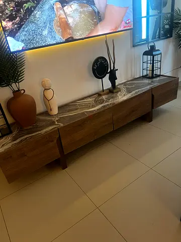 Long wooden TV cabinet with marble top - low media console