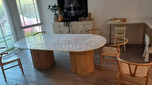 Marble Top Dining Table with Wooden Column Base - Seats 6